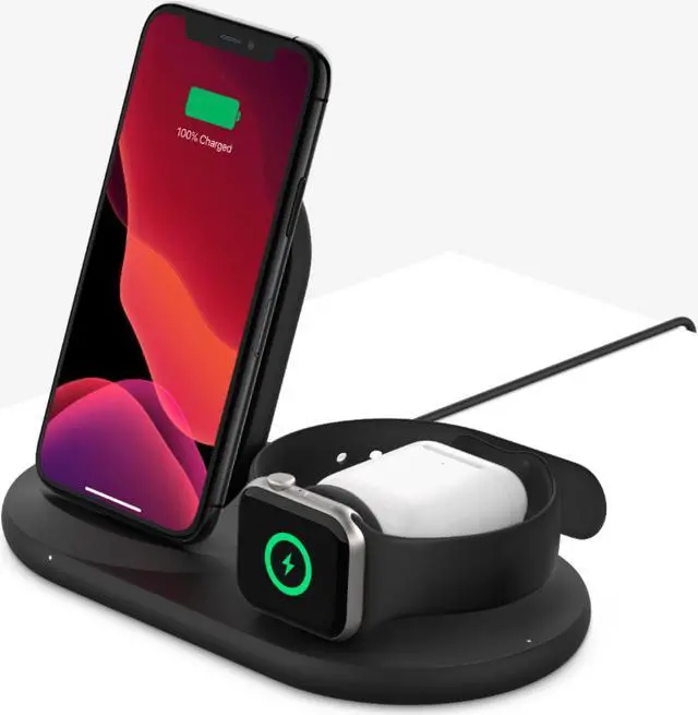 Alt view image 6 of 20 - belkin 3-in-1 wireless charger (wireless charging station for iphone, apple watch, airpods) wireless charging dock, iphone charging dock, apple watch charging stand