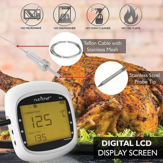 Alt view image 9 of 11 - smart bluetooth bbq grill thermometer  upgraded stainless dual probes safe to leave in outdoor barbecue meat smoker  wireless remote alert ios android phone wifi app  nutrichef pwirbbq80