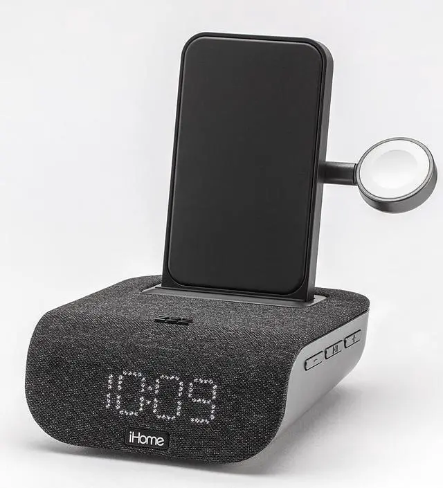 Alt view image 6 of 11 - iHome Wireless Charging Alarm Clock TimeBase Pro+ with Bluetooth/USB and Apple Watch Black Speakers and Alarm Clocks