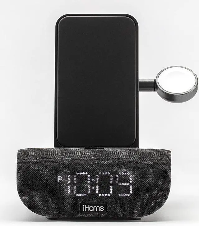 Alt view image 5 of 11 - iHome Wireless Charging Alarm Clock TimeBase Pro+ with Bluetooth/USB and Apple Watch Black Speakers and Alarm Clocks