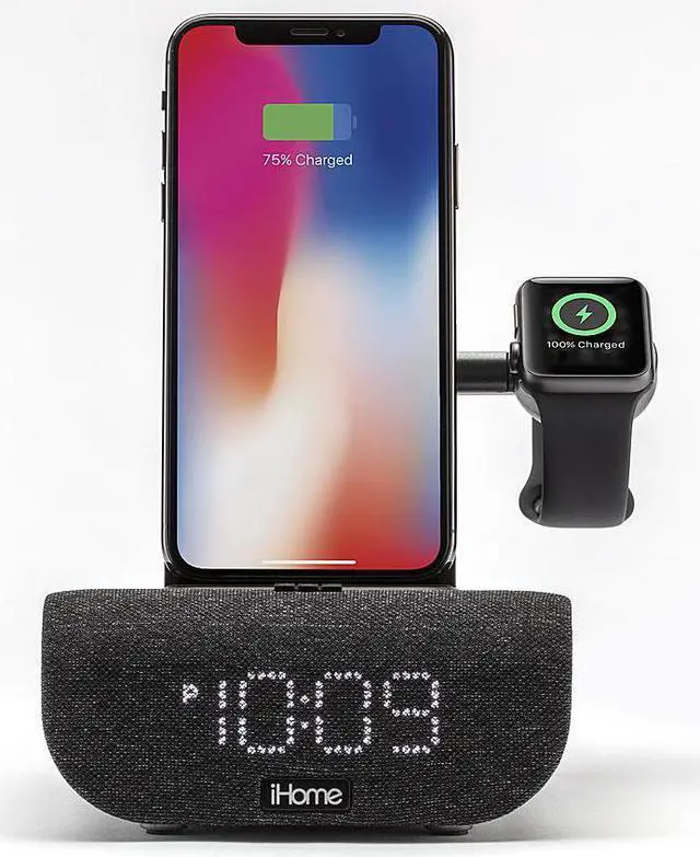 Alt view image 8 of 11 - iHome Wireless Charging Alarm Clock TimeBase Pro+ with Bluetooth/USB and Apple Watch Black Speakers and Alarm Clocks