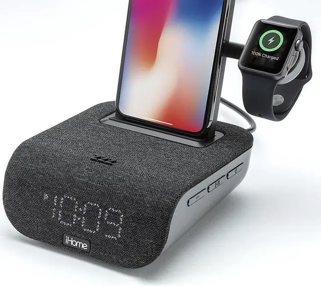 Alt view image 9 of 11 - iHome Wireless Charging Alarm Clock TimeBase Pro+ with Bluetooth/USB and Apple Watch Black Speakers and Alarm Clocks