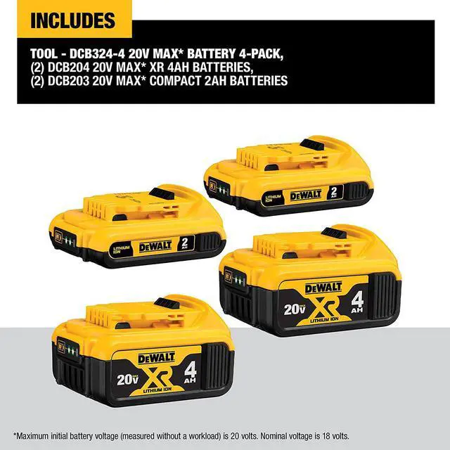 Alt view image 6 of 11 - DEWALT 20V MAX Battery, Lithium Ion, 4-Ah & 2-Ah, 4-Pack (DCB3244)