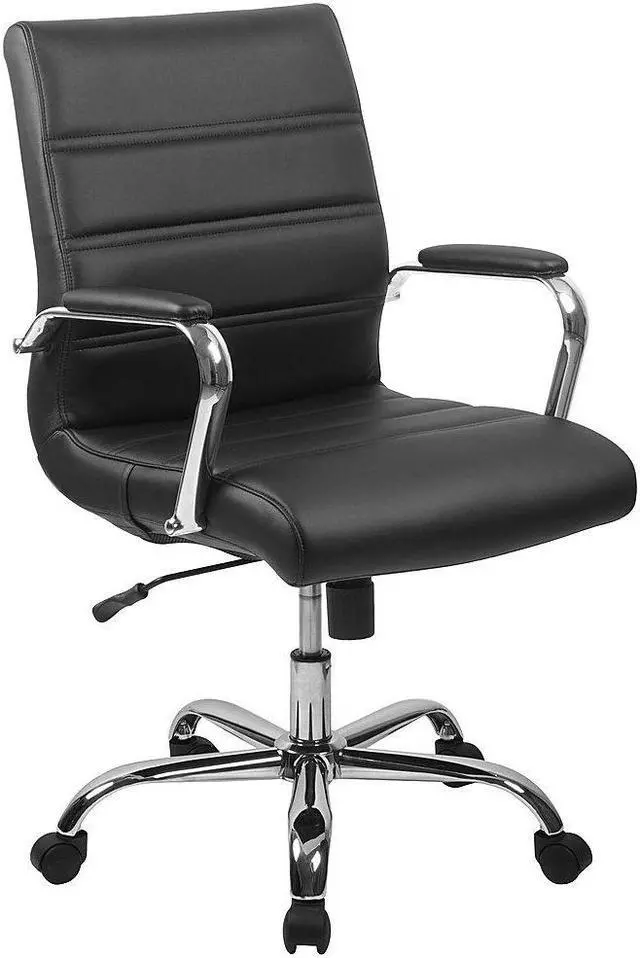 Alt view image 18 of 20 - Mid-Back Black Leather Executive Swivel Chair with Chrome Base and Arms
