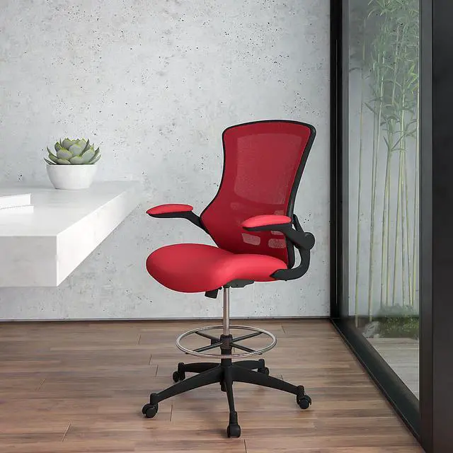 Alt view image 19 of 20 - Mid-Back Red Mesh Ergonomic Drafting Chair with Adjustable Foot Ring and Flip-Up Arms