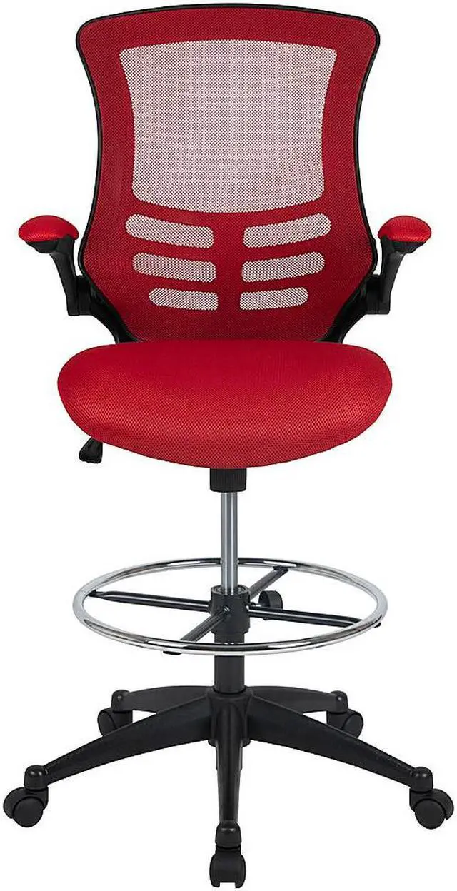 Alt view image 20 of 20 - Mid-Back Red Mesh Ergonomic Drafting Chair with Adjustable Foot Ring and Flip-Up Arms