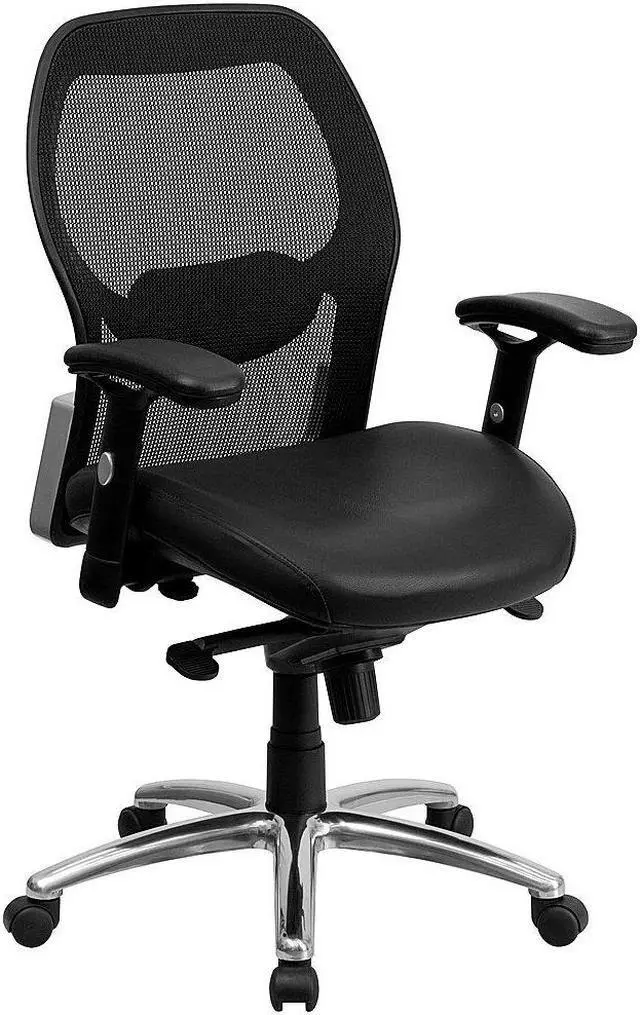 Alt view image 4 of 15 - Mid-Back Black Super Mesh Executive Swivel Chair with Leather Seat, Knee Tilt Control and Adjustable Arms