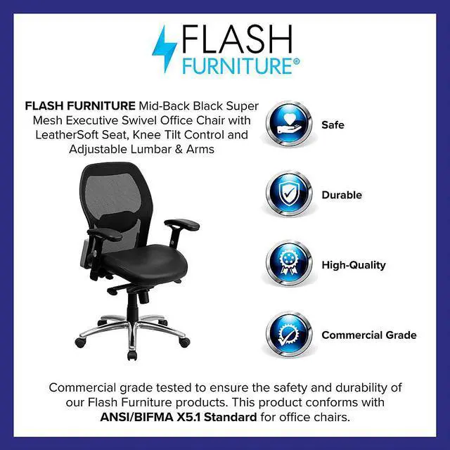 Alt view image 7 of 15 - Mid-Back Black Super Mesh Executive Swivel Chair with Leather Seat, Knee Tilt Control and Adjustable Arms