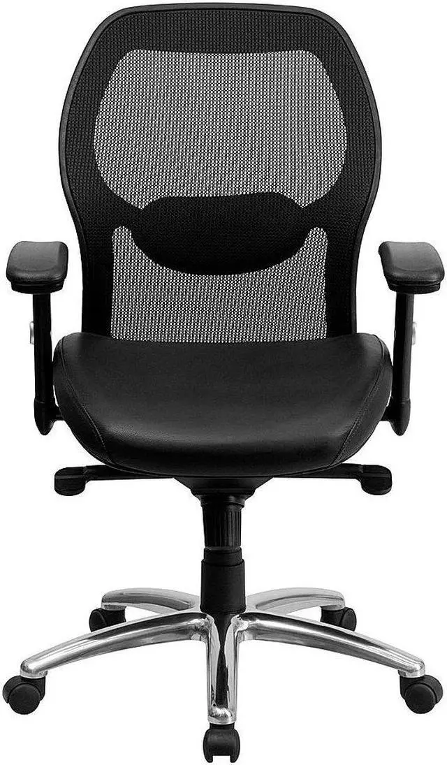 Alt view image 10 of 15 - Mid-Back Black Super Mesh Executive Swivel Chair with Leather Seat, Knee Tilt Control and Adjustable Arms
