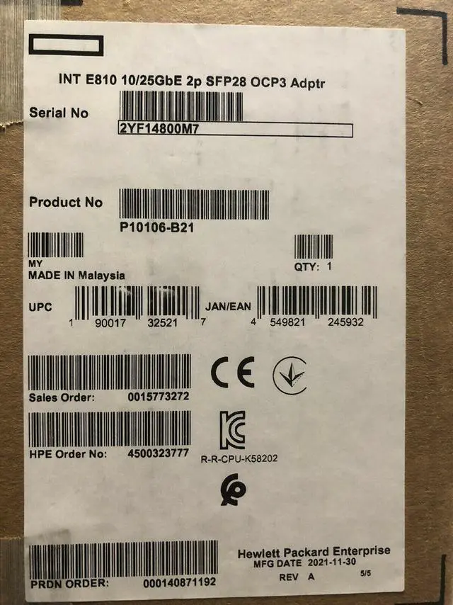 Main image of HPE 25GbE 10GbE 2P SFP28 Intel E810 OCP3 Network Adapter NIC 2 Port 10G 25G 25GE