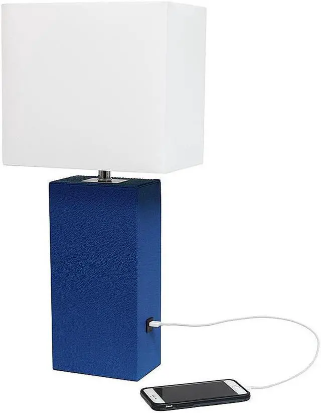 Alt view image 17 of 19 - Elegant Designs Modern Leather Table Lamp with USB and White Fabric Shade, Blue