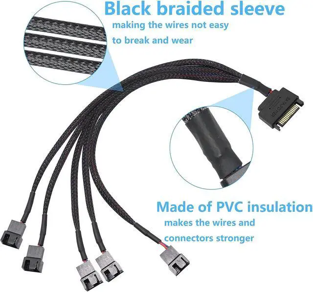 Alt view image 5 of 7 - Zell Sata Cooler Fan Adapter Cable15 Pin Sata To 5 X 3 Pin / 4 Pin Fan Splitter Cable,15 Pin Male Sata To 3 Pin Or 4 Pin Computer Pc Case Fan Y Power Adapter Cable - 1.1Ft (Black- 1 To 5)