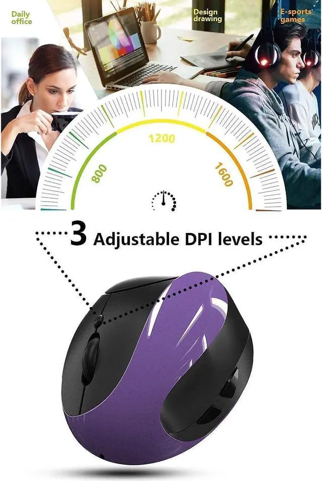 Alt view image 5 of 7 - Zell Ergonomic Vertical Mouse, Wireless 2.4G High Precision Rechargeable Ergonomic Mouse Optical Mice With Adjustable Dpi 800/1200/1600, Reduce Wrist Strain, Specially For Small-Handers Right-Handers