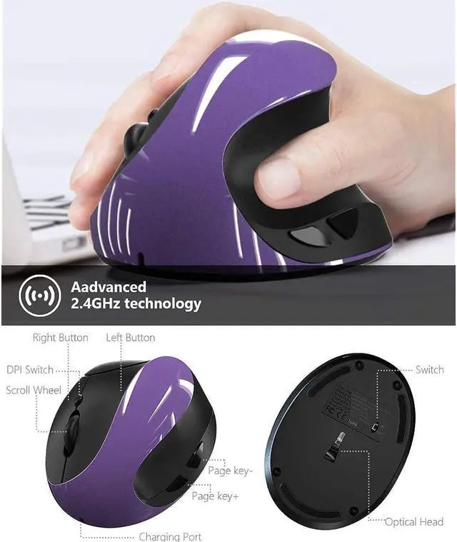 Alt view image 7 of 7 - Zell Ergonomic Vertical Mouse, Wireless 2.4G High Precision Rechargeable Ergonomic Mouse Optical Mice With Adjustable Dpi 800/1200/1600, Reduce Wrist Strain, Specially For Small-Handers Right-Handers