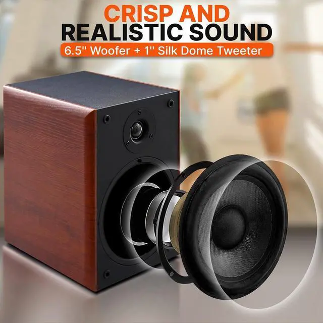 Alt view image 2 of 7 - 6.5" Home Wooden Bookshelf Speakers, 240W Max Power, 1" Silk Dome Tweeter and Aluminum Voice Coils, Pair, Gold Plated 5 Way Binding Post, Rubber Surrounds, Beautiful Wood Grain Finish- Pyle PHQBS62