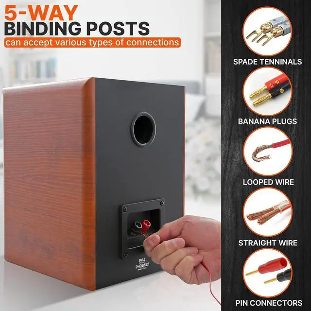 Alt view image 3 of 7 - 6.5" Home Wooden Bookshelf Speakers, 240W Max Power, 1" Silk Dome Tweeter and Aluminum Voice Coils, Pair, Gold Plated 5 Way Binding Post, Rubber Surrounds, Beautiful Wood Grain Finish- Pyle PHQBS62
