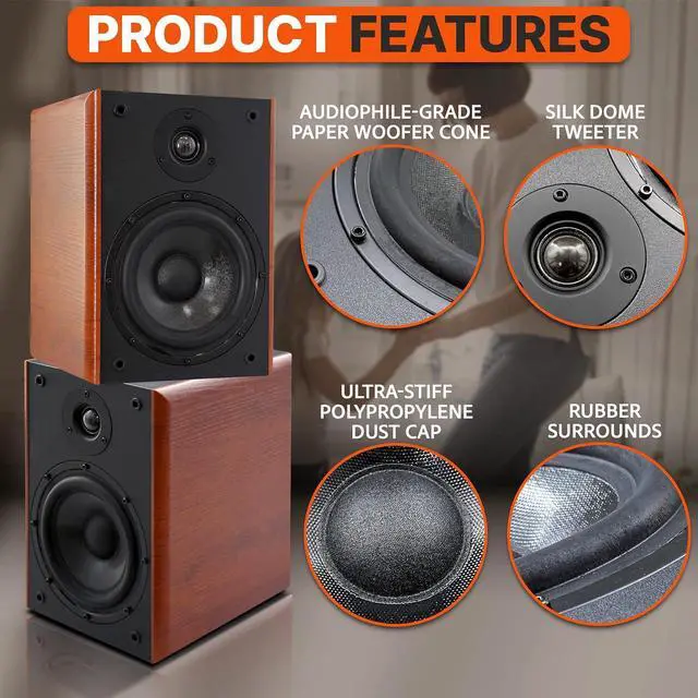 Alt view image 6 of 7 - 6.5" Home Wooden Bookshelf Speakers, 240W Max Power, 1" Silk Dome Tweeter and Aluminum Voice Coils, Pair, Gold Plated 5 Way Binding Post, Rubber Surrounds, Beautiful Wood Grain Finish- Pyle PHQBS62