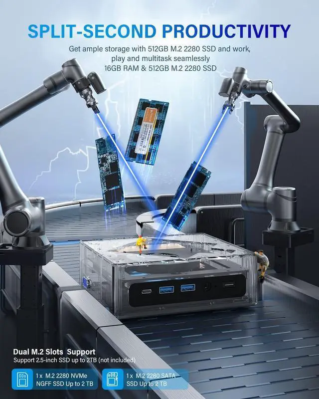 Alt view image 4 of 7 - CK10 Mini PC 16GB RAM, Intel Core i7-10710U(up to 4.7GHz) Mini Computer Windows 11 Pro, Six-Core Small Desktop Computers Tower Support Triple Display 4K, NVME SATA SSD,USB 3.0,Type C,LAN, HTPC