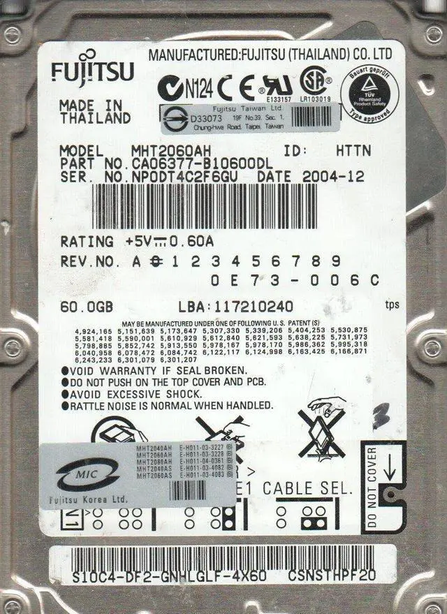 MHT2060AH, PN CA06377-B10600DL, Fujitsu 60GB IDE 2.5 Hard Drive
