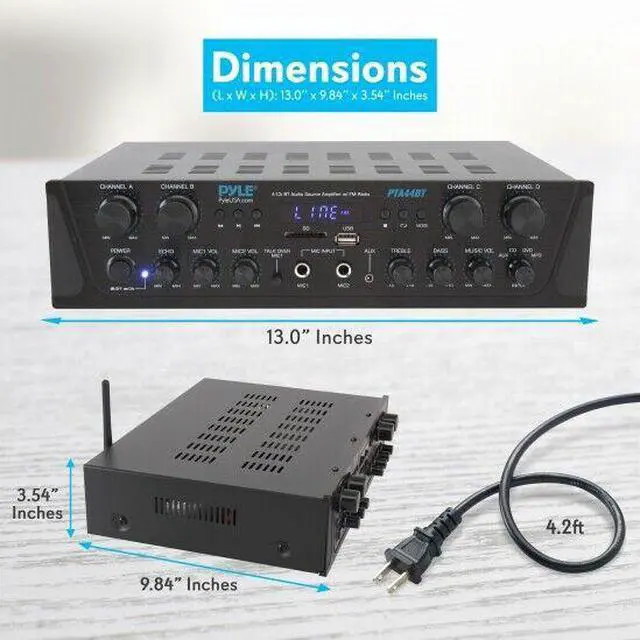 Alt view image 10 of 14 - 500W Karaoke Wireless Bluetooth Amplifier - 4 Channel Stereo Audio Home Theater Speaker Sound Power Receiver w/ AUX IN, FM, RCA Subwoofer Speakers OUT, USB, Microphone IN w/ Echo - Pyle PTA44BT