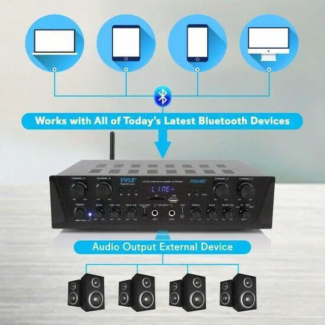 Alt view image 12 of 14 - 500W Karaoke Wireless Bluetooth Amplifier - 4 Channel Stereo Audio Home Theater Speaker Sound Power Receiver w/ AUX IN, FM, RCA Subwoofer Speakers OUT, USB, Microphone IN w/ Echo - Pyle PTA44BT