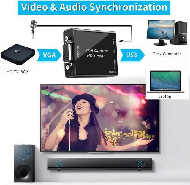 Alt view image 2 of 6 - VGA Capture Card, VGA to USB Capture Device with Mic input Support Full HD 1080P Video for Gaming, Streaming, Teaching, Video Conference, Live Broadcasting