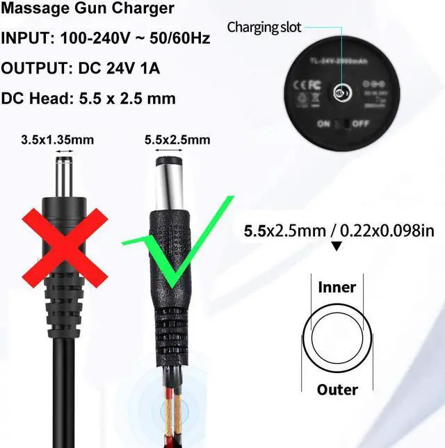 Alt view image 5 of 7 - Massage Gun Charger, 24V/1A Massage Gun Charger Output: DC 24V or 25.2V-0.6A Massage Gun Power Cord Muscle Blaster