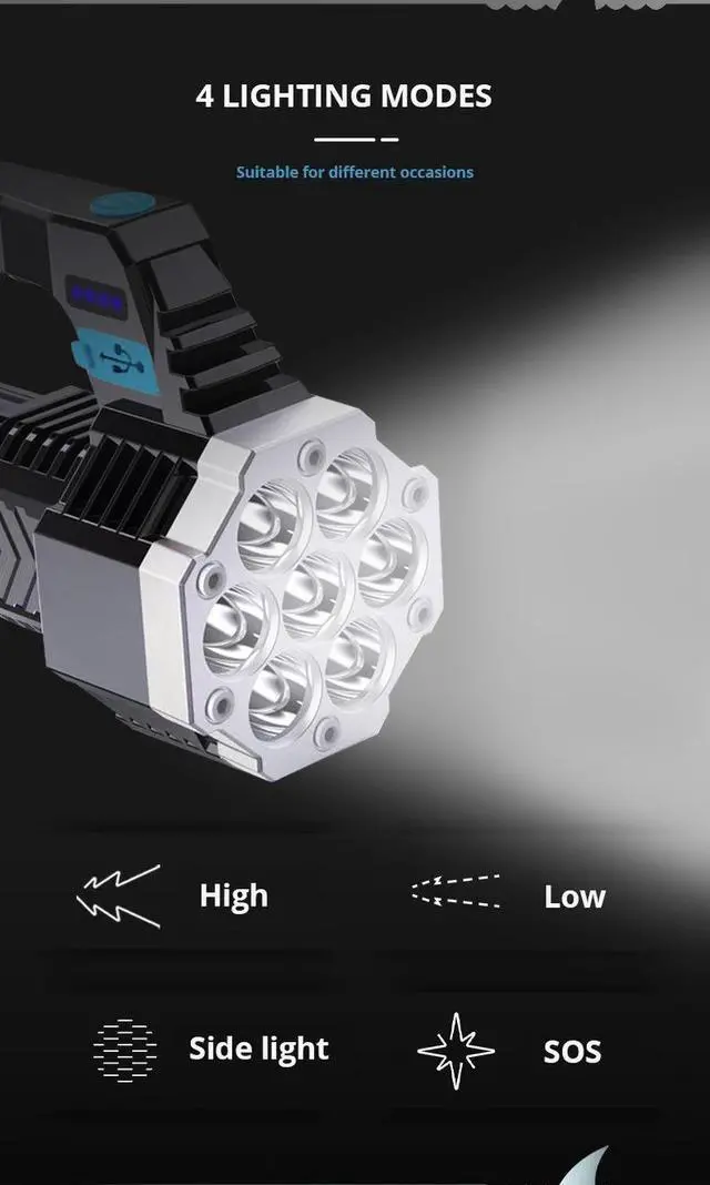 Alt view image 6 of 7 - High Power 7 LED Flashlight Portable 4 USB Modes Rechargeable Waterproof Handheld Torch COB Light for Outdoor Camping