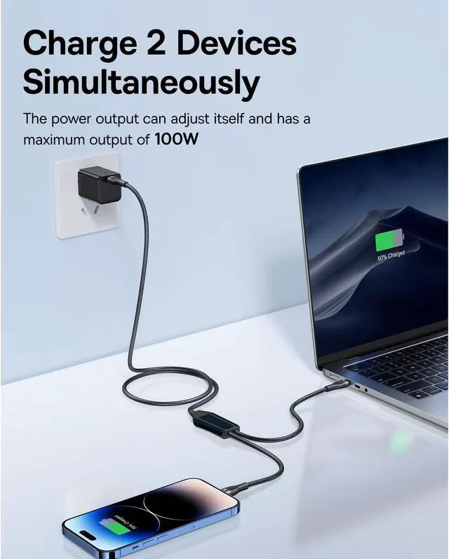 Alt view image 2 of 7 - 2 in 1 USB C Cable, 100W Charging Cable Single Port Max 100W 6FT 5A USB C Charger Cable, Nylon Braided USB C to USB C Cable for 15/Pro/Plus/Max, MacBook Pro, iPad Pro, Galaxy S23/S22