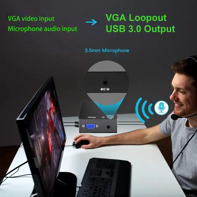 Alt view image 2 of 7 - GRACETOP VGA Capture Card, VGA to USB Capture Device with VGA Loopout, Mic Input Support HD 720P Video for Gaming, Streaming, Teaching, Video Conference, Live Broadcasting