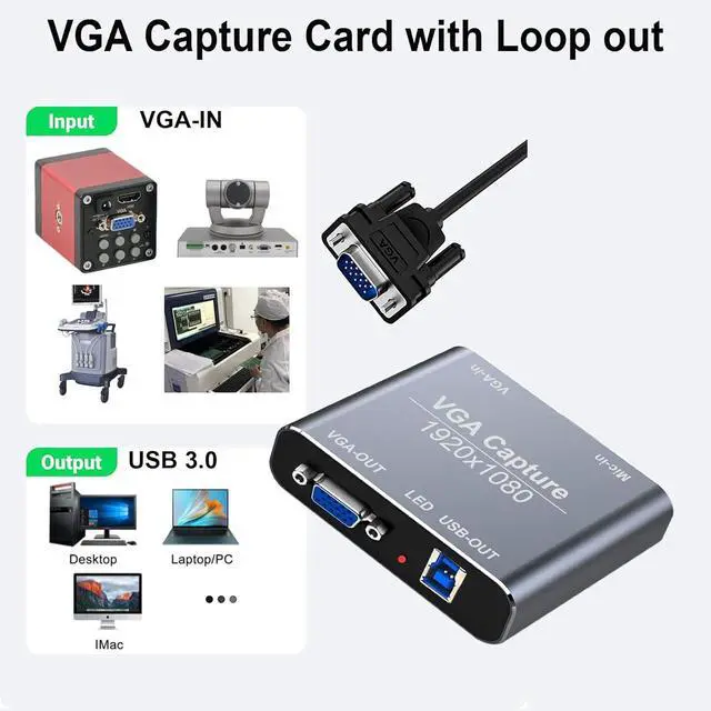 Alt view image 3 of 7 - GRACETOP VGA Capture Card, VGA to USB Capture Device with VGA Loopout, Mic Input Support HD 720P Video for Gaming, Streaming, Teaching, Video Conference, Live Broadcasting