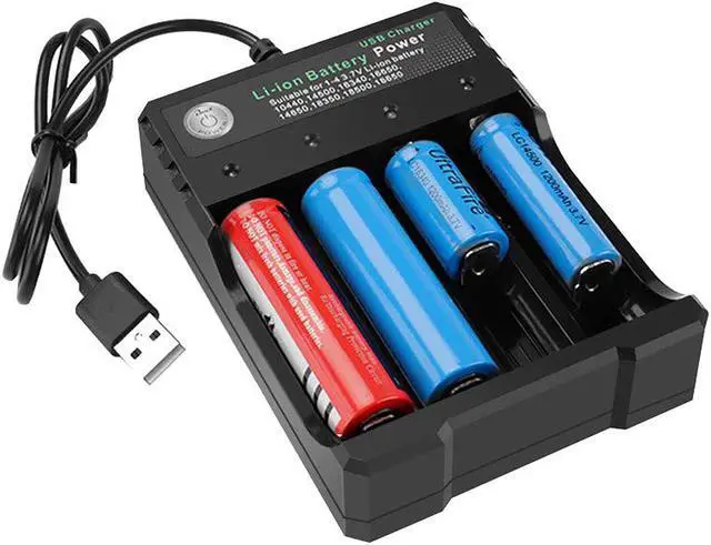 Main image of USB Smart Battery Charger 4-Bay 5V 2A for Rechargeable Batteries 3.7V Li-ion TR IMR 1865O 2665O 145OO 16340(RCR123) Red/Green Display (Not Battery)