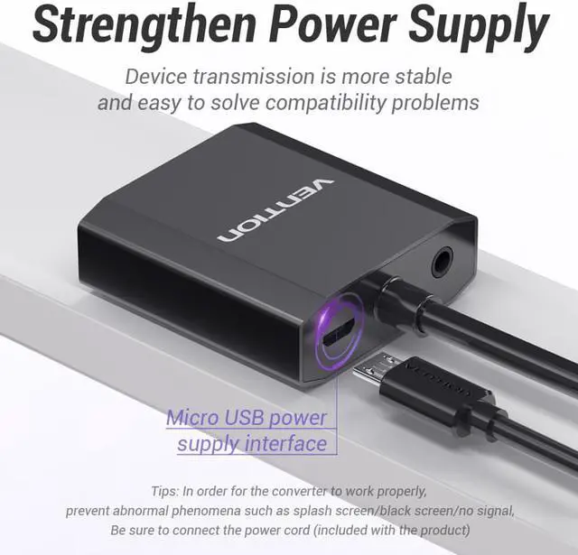 Alt view image 5 of 10 - Vention VGA to HDMI Adapter ,1080P Analog to Digital Video Audio Converter Male to Female with Audio and Micro USB Charging Cable VGA Adapter for PC Laptop to HDTV Projector