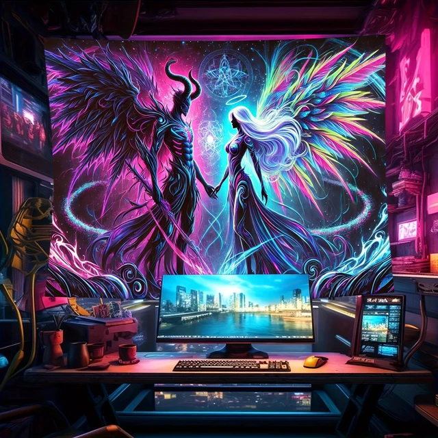 Main image of Glow in The Dark Devil Angel Tapestry 2D Flat, UV Reactive Neon Wall Art for Bedroom, Game Room, Dorm, Man Cave Decor, Prebuilt Pc Decor
(59x51in)