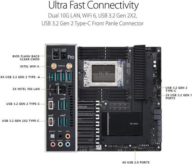 Alt view image 4 of 7 - ASUS Pro WS WRX80E-SAGE SE WIFI AMD Threadripper Pro EATX workstation motherboard (PCIe 4.0, ASMB9-iKVM, 2x10Gb LAN, 7xPCIe 4.0 X16 slots, 3xM.2,2xU.2 ports, 11 USB 3.2 Gen 2 ports,8-channel DDR4 ECC)