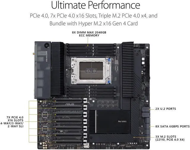 Alt view image 2 of 7 - ASUS Pro WS WRX80E-SAGE SE WIFI AMD Threadripper Pro EATX workstation motherboard (PCIe 4.0, ASMB9-iKVM, 2x10Gb LAN, 7xPCIe 4.0 X16 slots, 3xM.2,2xU.2 ports, 11 USB 3.2 Gen 2 ports,8-channel DDR4 ECC)