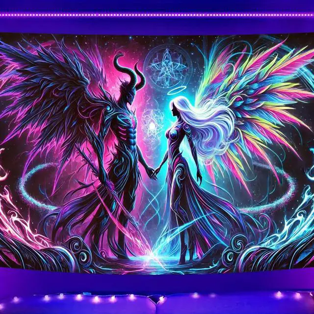 Alt view image 5 of 7 - Glow in The Dark Devil Angel Tapestry 2D Flat, UV Reactive Neon Wall Art for Bedroom, Game Room, Dorm, Man Cave Decor, Prebuilt Pc Decor
(80x60in)