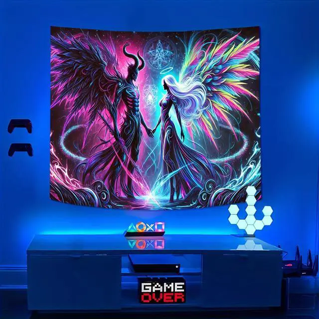 Alt view image 4 of 7 - Glow in The Dark Devil Angel Tapestry 2D Flat, UV Reactive Neon Wall Art for Bedroom, Game Room, Dorm, Man Cave Decor, Prebuilt Pc Decor
(80x60in)