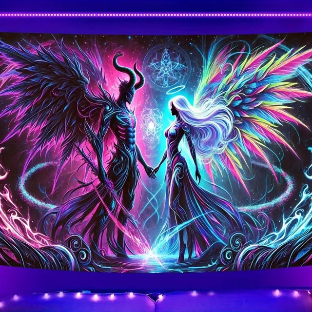 Alt view image 4 of 7 - Glow in The Dark Devil Angel Tapestry 2D Flat, UV Reactive Neon Wall Art for Bedroom, Game Room, Dorm, Man Cave Decor, Prebuilt Pc Decor
(59x51in)