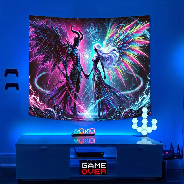 Alt view image 2 of 7 - Glow in The Dark Devil Angel Tapestry 2D Flat, UV Reactive Neon Wall Art for Bedroom, Game Room, Dorm, Man Cave Decor, Prebuilt Pc Decor
(59x51in)