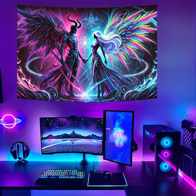 Alt view image 5 of 7 - Glow in The Dark Devil Angel Tapestry 2D Flat, UV Reactive Neon Wall Art for Bedroom, Game Room, Dorm, Man Cave Decor, Prebuilt Pc Decor
(59x51in)