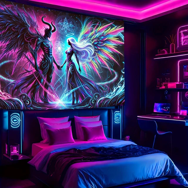Alt view image 6 of 7 - Glow in The Dark Devil Angel Tapestry 2D Flat, UV Reactive Neon Wall Art for Bedroom, Game Room, Dorm, Man Cave Decor, Prebuilt Pc Decor
(59x51in)