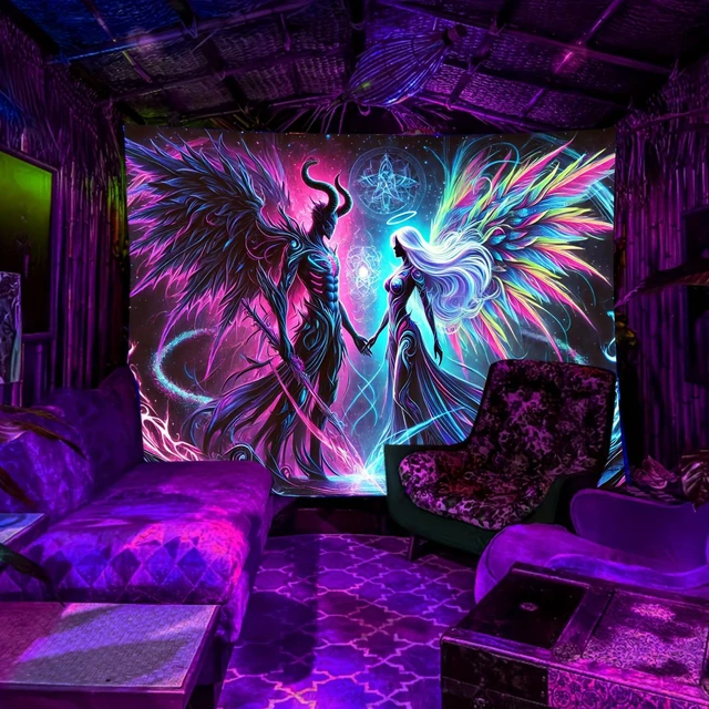 Alt view image 7 of 7 - Glow in The Dark Devil Angel Tapestry 2D Flat, UV Reactive Neon Wall Art for Bedroom, Game Room, Dorm, Man Cave Decor, Prebuilt Pc Decor
(59x51in)