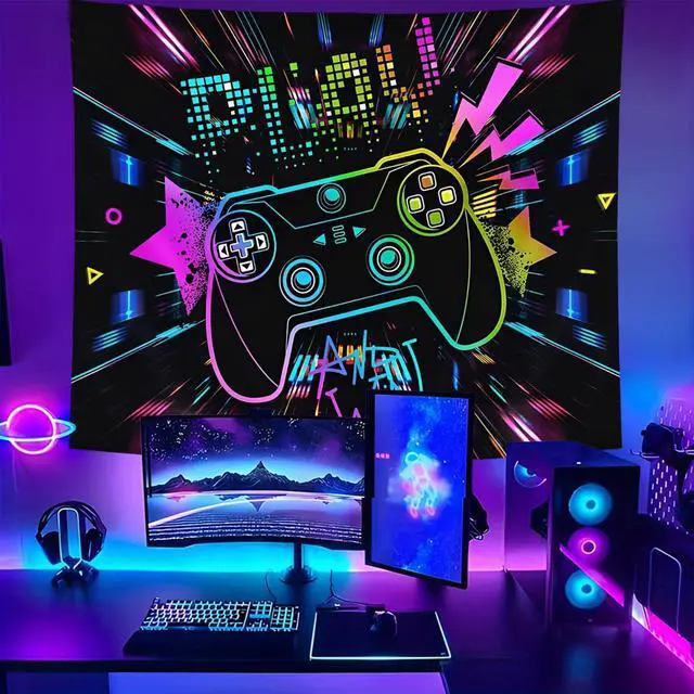 Alt view image 2 of 6 - Glow in The Dark Play Game Tapestry 2D Flat - Enigmatic Individual Game Controller Design, UV Reactive Neon Wall Art for Bedroom, Game Room, Dorm, Man Cave Decor
(60x40in)
