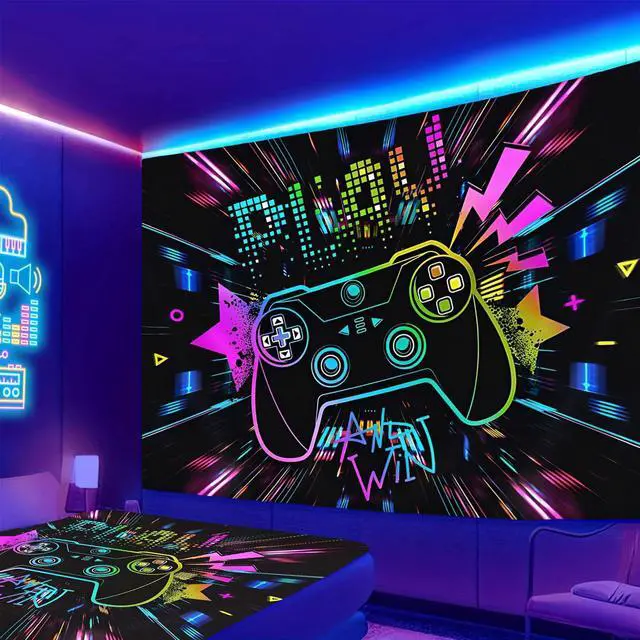 Alt view image 5 of 6 - Glow in The Dark Play Game Tapestry 2D Flat - Enigmatic Individual Game Controller Design, UV Reactive Neon Wall Art for Bedroom, Game Room, Dorm, Man Cave Decor
(60x40in)