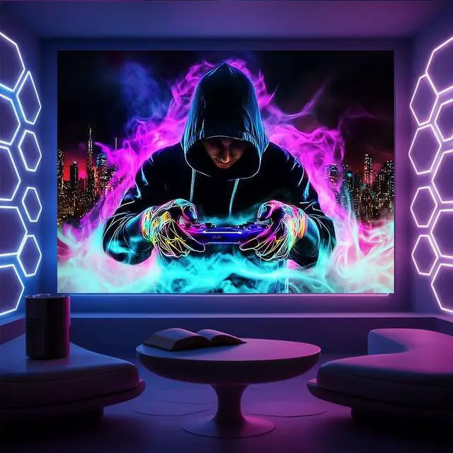 Alt view image 5 of 6 - Glow in The Dark Gamer Tapestry 2D Flat - Enigmatic Individual Game Controller Design, UV Reactive Neon Wall Art for Bedroom, Game Room, Dorm, Man Cave Decor, Prebuilt Pc Decor
(59x51in)