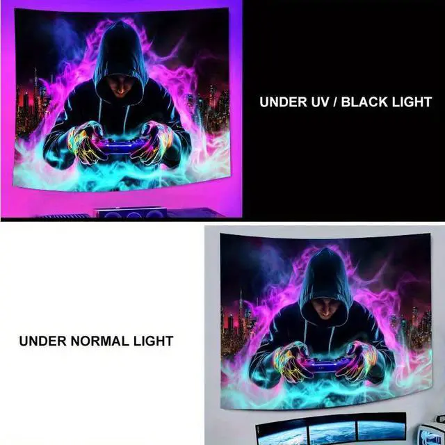 Alt view image 6 of 6 - Glow in The Dark Gamer Tapestry 2D Flat - Enigmatic Individual Game Controller Design, UV Reactive Neon Wall Art for Bedroom, Game Room, Dorm, Man Cave Decor, Prebuilt Pc Decor
(59x51in)