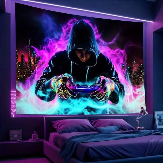 Alt view image 4 of 6 - Glow in The Dark Gamer Tapestry 2D Flat - Enigmatic Individual Game Controller Design, UV Reactive Neon Wall Art for Bedroom, Game Room, Dorm, Man Cave Decor, Prebuilt Pc Decor
(59x51in)