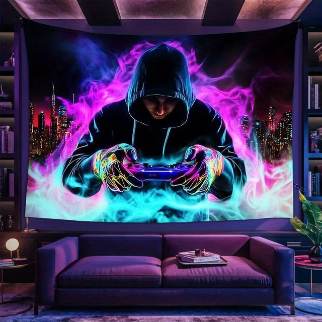 Alt view image 4 of 6 - Glow in The Dark Gamer Tapestry 2D Flat - Enigmatic Individual Game Controller Design, UV Reactive Neon Wall Art for Bedroom, Game Room, Dorm, Man Cave Decor, Prebuilt Pc Decor
(90x60in)