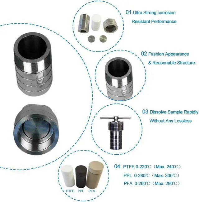 Alt view image 4 of 6 - HNZXIB 200ml Hydrothermal Synthesis Reactor Stainless Steel Autoclave Non-magnetic KH series 240°C PTFE lining Laboratory reaction vessel